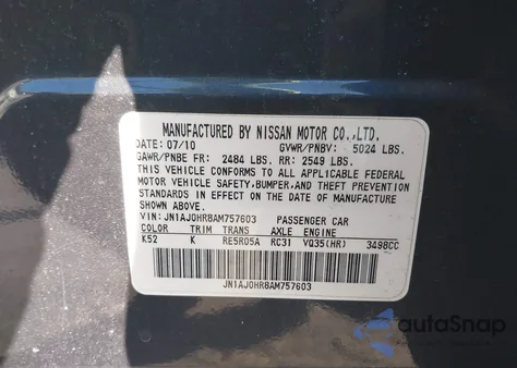 2010 Infiniti Ex35 Journey from USA, damaged, VIN JN1AJ0HR8AM757603